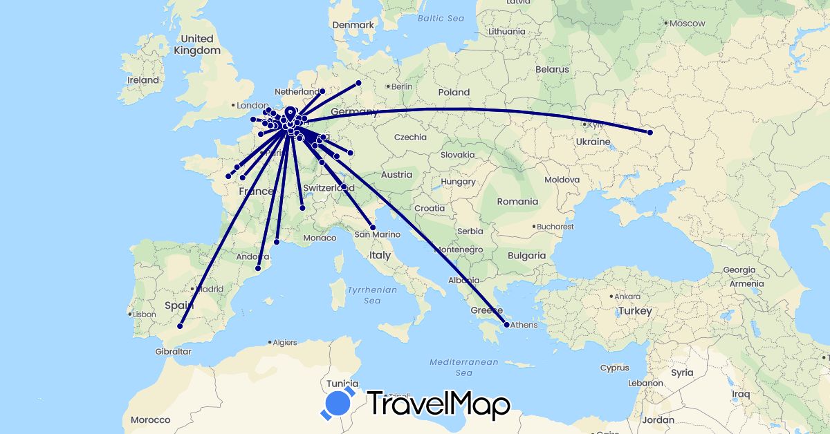 TravelMap itinerary: driving in Belgium, Switzerland, Germany, Spain, France, Greece, Italy, Ukraine (Europe)