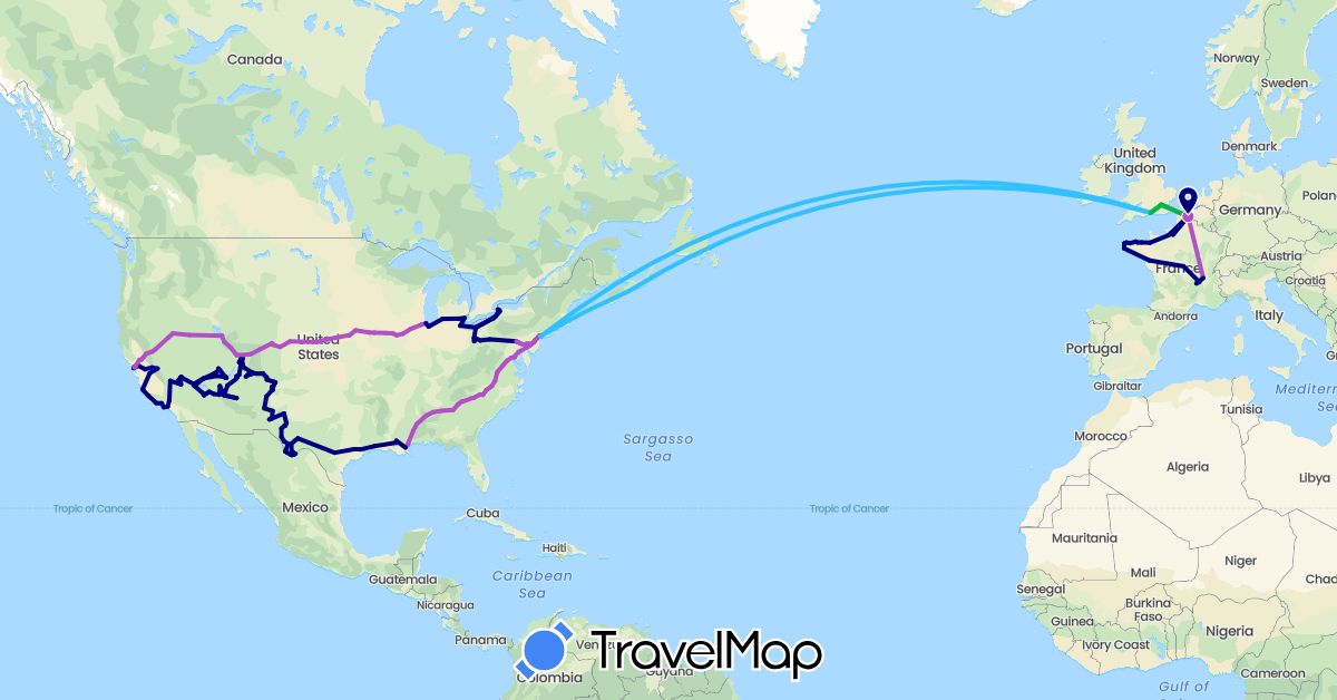 TravelMap itinerary: driving, bus, train, boat in Canada, France, United Kingdom, United States (Europe, North America)