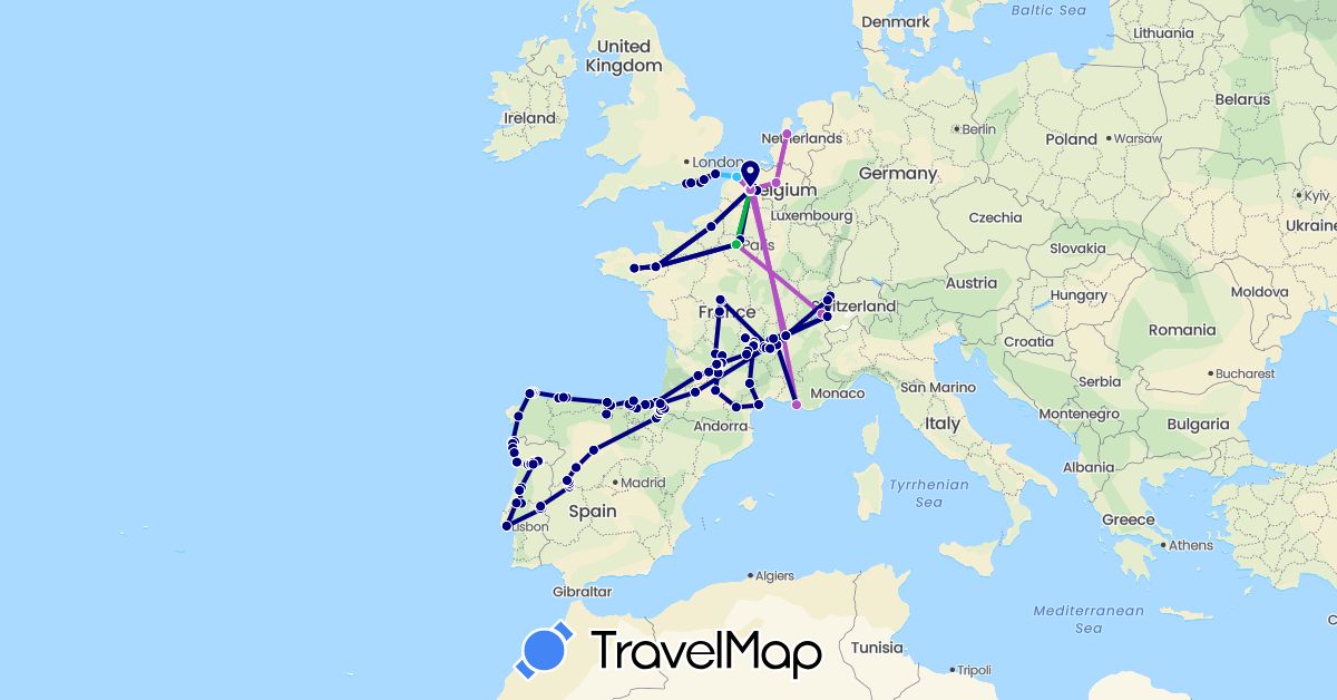 TravelMap itinerary: driving, bus, train, hiking, boat in Belgium, Switzerland, Spain, France, United Kingdom, Netherlands, Portugal (Europe)