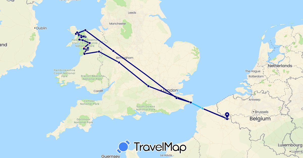 TravelMap itinerary: driving, bus, train, hiking, boat in France, United Kingdom (Europe)